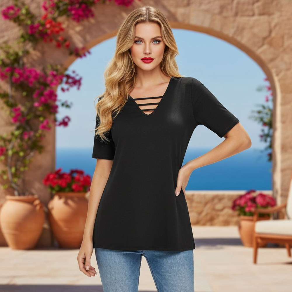 VENUS Medium Black Strappy V-Neck Short Sleeve Top